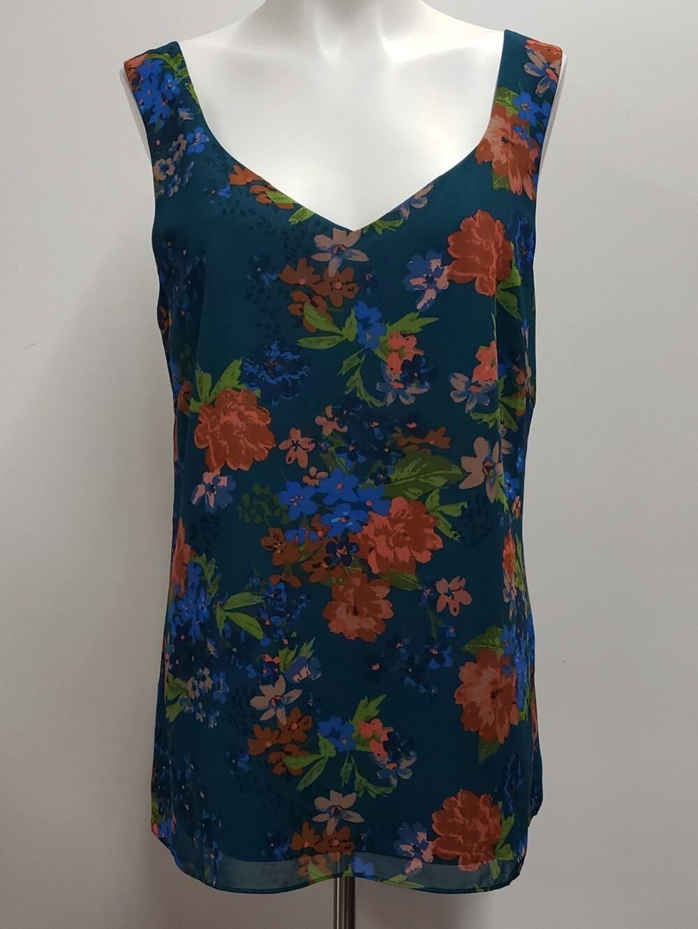 Cabi Still Life Teal Floral V-Neck Sleeveless Shell Top Women's Medium